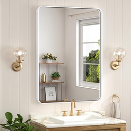 Keonjinn White Bathroom Vanity Mirror 24 x 36 Inch Rounded Corner Rectangular Wall Mirror, Farmhouse Mirror with Seamless Metal Frame, HD Tempered Glass, Modern Decorative Mirror(Horizontal/Vertical)