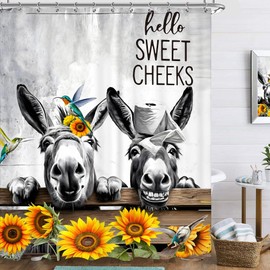 Famiffty Farmhouse - Cortina de ducha de burro de 60 pulgadas de ancho x 72 pulgadas de largo, divertido animal de girasol, negro, blanco, gris, mejillas, pájaros, rústico, flores amarillas,