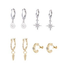 Women's 8pcs Small Multipack Stud Earrings, 4pair Sun/Moon/Star/Leaf/Ball/CZ Small Huggie Hoop Earring, Jewelry Gifts Fit for Daily and Valentines day.(with Gift Box), Zinc, No Gemstone