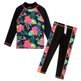 Girls Two Piece Swimsuit Floral UPF 50+ Rash Guard Set Kids Swimwear S301_BlackFlower_14A