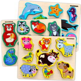QUOKKA Toddler Educational Toys for 1 2 3 Year - 3 Set Wooden Chunky Puzzles for 2 3 yo - Montessori Learning Toys with Animals - Gift Game for Boy ans Girl