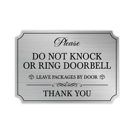 Do Not Knock or Ring Doorbell Sign Sticker, Self-Adhesive Brushed Silver Do Not Knock Decals for Front Door, No Soliciting for Doorbell, House, Home, Business 5x3.5Inch