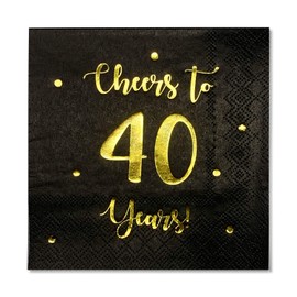 Cheers to 40 Years Cocktail Napkins | Happy 40th Birthday Decorations for Men and Women and Wedding Anniversary Party Decorations | 50-Pack 3-Ply Napkins | 5 x 5 inch Folded (Black) P