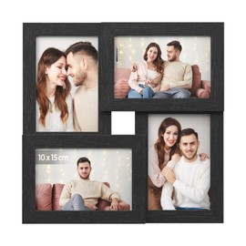 SONGMICS Bilderrahmen Collage für 4 Fotos, 10 x 15 cm, Wandmontage Fotogalerie Display, mit Glasscheibe, Schwarze Holzmaserung RPF25BK