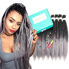 Roeula T1B/Grey Pre Stretched Braiding Hair 24 Inch 8 Packs Ombre Off Black to Silver Grey Braiding Hair Pre Stretched Synthetic Braids (T1B/Grey, 24 Inch (pack of 8))