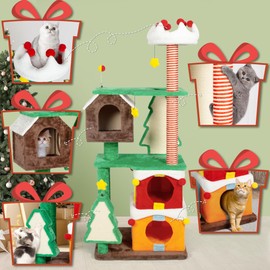 NUNU LAB Christmas Cat Tree, Multi-Level Cat Tower, Modern Cute Cats Tree, with Cat Condos, Sisal Ramp Scratching Posts, Cozy Basket, for Indoor Use (KM057)