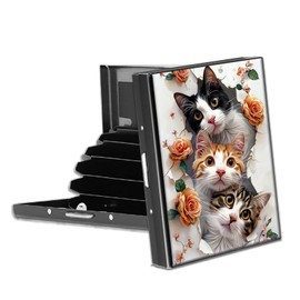 VACGBJPG Metal Credit Card Wallet, RFID Blocking Credit Card Holder with 6 Slot, Mini Slim Hard Card Case, Small ID Case for Women Men, Business Card Holders (Cute Cat and Pink Rose)