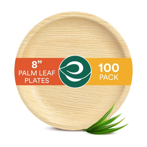 ECO SOUL 100% Compostable 8 Inch Round Palm Leaf Plates [100-Pack] I Premium Disposable Plates Set I Heavy Duty Eco-Friendly Bamboo Plates Disposable I Round Disposable Plates