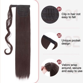 S-noilite Wrap Around Straight Ponytail Extensions 26 Inch Long Straight Clip in Ponytail for Women Synthetic Magic Wrap Pony Tail Hairpiece Soft Silky (26"Straight,Dark Brown)