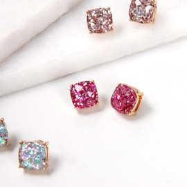 Large Stud Earrings for Women - Big Stud Earrings for Women, Fuschia Earrings, Fuchsia Earrings, Hot Pink Earrings for Women, Square Big Earrings for Women, Magenta Square Glitter Sparkly Earrings