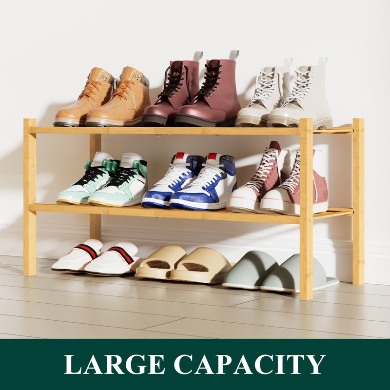 Smiry Shoe Rack, 2 Tier Bamboo Shoe Organizer, Stackable Free