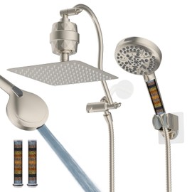 Hibbent All Metal 10'' Filtered Rainfall Shower Head Combo, High Pressure Handheld Shower Head with 12'' Adjustable Curved Extension Arm, 20 Stage Shower Filter, 10-spray, 71'' Hose, Brushed Nickel