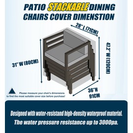 Garden Stacking Chair Cover Waterproof Heavy Duty 600D Oxford Fabric High Back Patio Outdoor Stackable Chairs Protection with Air Vent Windproof Anti-UV (71x91x80/120cm)