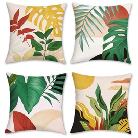 Bonhause Tropical Leaves Cushion Covers 45 x 45 cm Palm Leaf Sunset Decorative Throw Pillow Covers Soft Velvet Pillowcases for Sofa Patio Garden Decor Set of 4