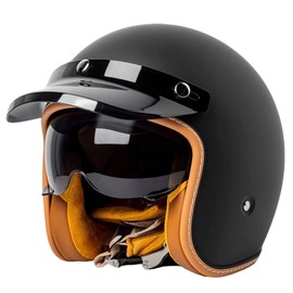Vintage Motorcycle Helmet Motorcycle Half Helmet Open Half Shell Helmet Women Men Retro 3/4 Half Face Helmet with Sun Visor, Scooter Cruiser Moped Jet Helmet, ECE/DOT Approved 54-63 cm