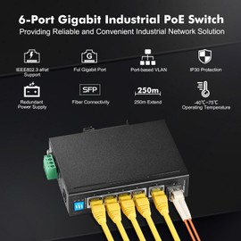 MokerLink 6 Port Industrial Din Rail Gigabit PoE Switch, 4 x 100/1000Mbps PoE Ports,IEEE802.3af/at PoE+, 1 Gigabit Uplink, 1 Gigabit SFP, Metal DIN-Rail & Wall Mount Ethernet Switch