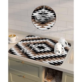 Brown Southwest Dish Drying Mat for Kitchen Counter, Super Absorbent Quick Dry Coffee Bar Mat Pad Thin Diatomaceous Sink Mat Non Slip Dish Drainer Mat 16x18 Boho Aztec Morocco Farmhouse Black White