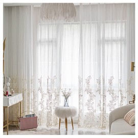 Amidoudou 1 Pair Luxury Embroidered Tulle Curtains for Living Room Wedding 3D Gold Flower Sheer Curtains (White,66 x 90 Inch)