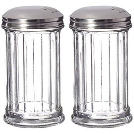 Great Credentials© Set of 2 Sugar Shaker Retro Dispenser, Glass Jar, Pour-Flap Lid Stainless Steel Lid 12 OZ Each (Pour-Flap Lid)