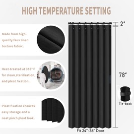 Vatge Closet Door Curtain Room Divider Drapes, Pleated Folding Style Curtains for Doorways Curtain for Bedroom Without Door,1 Panel with Tieback, W39 x L78, Black