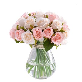 Ramo de 24 cabezas de flores de rosa artificiales de seda con tallos para decoración del hogar, novia, boda, fiesta, festival (color rosa) (excluyendo jarrones)