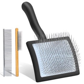 COZYGIFT Large Dog Slicker Brush for Shedding & Curly Coat, Long Hair Dogs & Cats, Doodles, Poodles & Goldendoodles, Long Pin Grooming Brush with Wooden Handle, 3 Pcs Comb Set for Mats/Tangles. Black