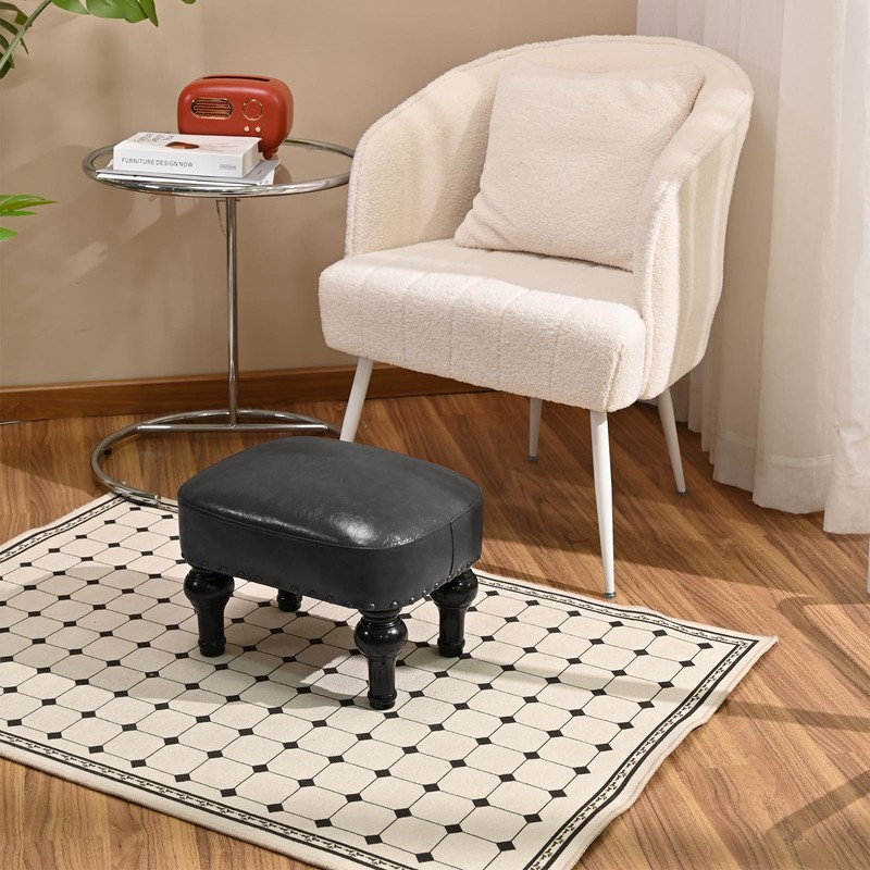 DSGAMER Leather Ottoman Footrest,Rustic Foot Stools Seat,Wood Footstool Rectangle Footrest