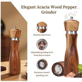 Haomacro 2 Pack Acacia Wood Salt and Pepper Grinder Set, Wooden Salt and Pepper Mill Set Salt and Pepper Shaker Tableware Birthday Gifts Ceramic Core-8 Inch
