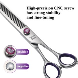 Fenice Peak 7'' Thinning Dog Grooming Scissors with Purple Finger Rings and Flashing Screw Professional 440C Stainless Steel Natural Color Pet Thinning Shears with Offset Handle Durable and Sharp