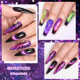 MEET ACROSS 9 Colors Cat Eye Gel Nail Polish + 3PCS Function Gel, Soak Off UV LED Lamp Magnetic Nail Polish Gel Nail Art with Magnet Stick (SET2, 12PCS)