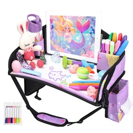 WENRENER Kids Travel Tray for Car Airplane - Toddler Car Seat Table Tray, Road Trip Essentials for Boys & Girls, Carseat Lap Desk for Kids Road Trip Activities (Purple Mermaid)