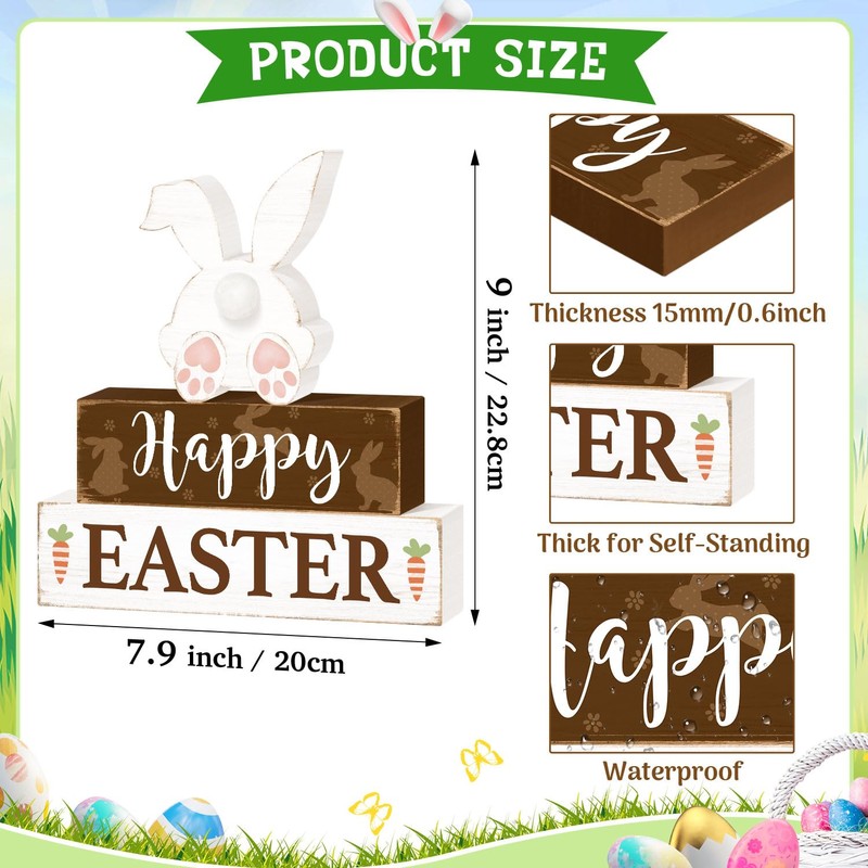 Happy Easter Bunny Table Sign Decorations, Easter Wooden Block Tabletop