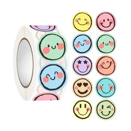 Rollo 500 pcs etiquetas, stickers Cara Feliz Happy Face 2.5 cms, 10 Diseños
