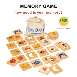 Mentari Toys - Memory Game - 32pc Wooden Matching Memory Game for Toddlers and Kids - Fun Learning Toy with Illustrated Tiles and Fabric Bag - Improve Concentration and Recognition - Age 3+