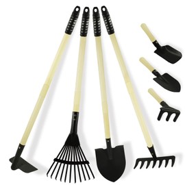 POMIKU Kids Garden Tools, Rake and Shovel Set, 7 Pieces Gardening Tools for Yard, Beach, Camping Play, Outside Toys for Kids Ages 3 up Gift