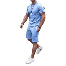 congluoki Men's Shirt and Shorts Set 2 Piece Outfits Fashion Summer Tracksuits Casual Sportwear Set Light Blue S