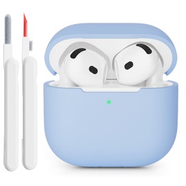 KOKOKA Silikonhülle Kompatibel mit AirPods 4 2024 Hülle Case, Front-LED Sichtbar, Stoßfeste Weiches Silikon Schutzhülle Case für AirPods 4. Generation mit Reinigungsset, Sky Blue