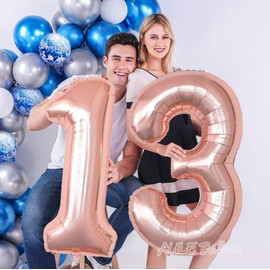 AULE 40 Inch Big Rose Gold Foil Mylar Number Balloons for Girl 13th Birthday Party Decorations Giant Happy 13 Anniversary Party Decor