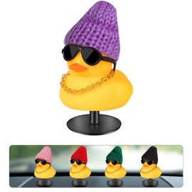 AILOVETECK Dashboard Duck with Duck Plug Holder, Rubber Ducks for Car Jeep Decoration, Car Ducks for Dashboard, Funny Car Dashboard Accessories Gift, Yellow Duck with Purple Knit Hat