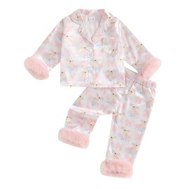 Toddler Kids Baby Girl Pajamas Set Ruffle Button Shirt Rabbit Flower Print Top Pants Sleepwear Pjs Clothes Set Kids Easter Suit (Lotus Color, 3-4 Years)
