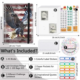 100 Envelopes Money Saving Challenge A5 Money Saving Binder with Cash Envelopes，Budget Binder Savings Challenge Book for 100 Day to Save $5,050 for Budgeting Planner, American Flag Eagle