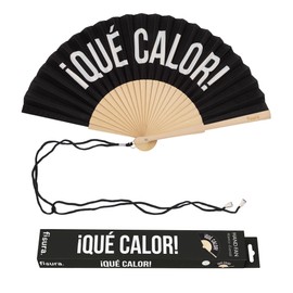 Fisura – Ventaglio originale con messaggio “Qué calor”. Ventaglio pieghevole in legno moderno, ventilatore manuale nero leggero per estate, vacanze, spiaggia o città. Laccetto incluso 42,5 x 23 cm