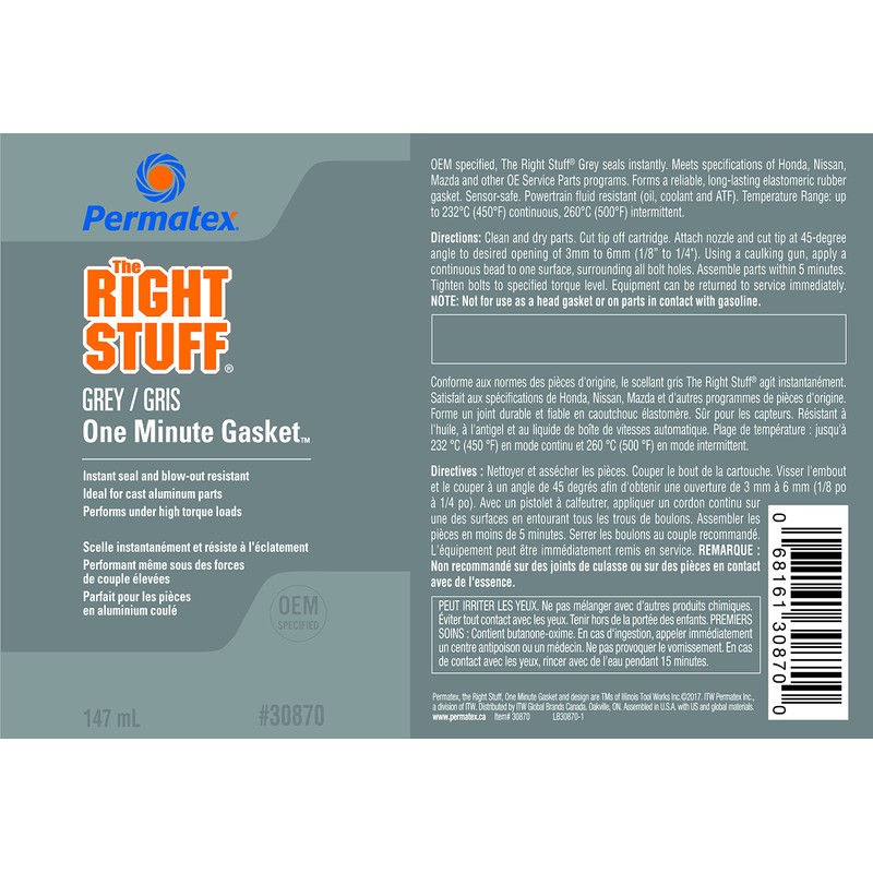 Permatex 30870 The Right Stuff Grey Instant Gasket Maker, 147mL