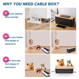 Cable Management Box, 2 Pack Bamboo Lid Large Storage Wires Organizer Holder for Home, Desk, TV, Computer, USB Hub - to Cover Hide Surge Protector Conceal Power Strips & Cords (Black)