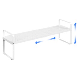 Expandable Kitchen Cabinet Shelf Organizer Rack Heavy Duty Metal Spice Rack Stackable Kitchen Counter Storage Shelf for Kitchen Cabinet Pantry Bathroom (White- 16.5"-27" L x 8" W x 9.6" H - 1Pack)