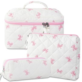 GISMTR 3PCS Makeup Bag Set, Cute Quilted Floral Cosmetic Bag, Large Travel Aesthetic Make up Bag, Coquette Makeup Pouch Toiletry Bag for Women Girls