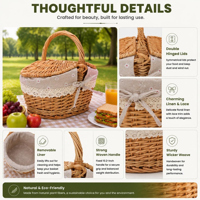 10.2 Inch Picnic Basket with Lid Woven Wicker for Garden