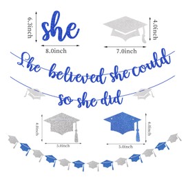 Navy-Blue White-Silver Party-Decoration Graduation Banner - 18pcs She believed she could so she did
