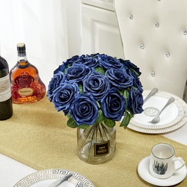 NEVISI Artificial Flowers Navy Blue Fake Rose Silk Rose 16 Pcs Real Looking Fake Flowers with Stems for DIY Wedding Bouquets Party Tables Centerpieces Floral Arrangements Festival Decoration