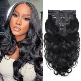 Mihugass Seamless Clip In Hair Extensions Real Human Hair PU Weft Body Wave Clip In Hair Extensions Human Hair 8pcs with 18Clips Per Set 120g(18inch,Natural Black)